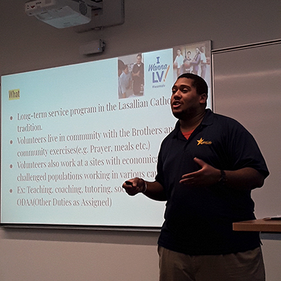 While in Minnesota last October, Aldontae Guess gave a presentation to Saint Mary’s undergraduate students about the Lasallian Volunteers program. The priority consideration deadline is Saturday, February 15.