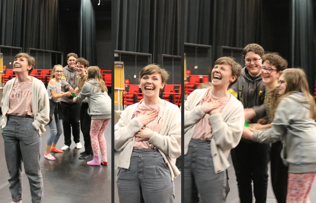 Ahnika Lexvold, a senior from St. Cloud, Minn., prepares for a trust fall with a group of the students she has been working with an acting workshop, “Create Your Own Comedy,” at the Minnesota Conservatory for the Arts.” The students are, from left, Uvonne Olcott, Greyson Kemp, Zoe HIll and Lillian Bublitz.