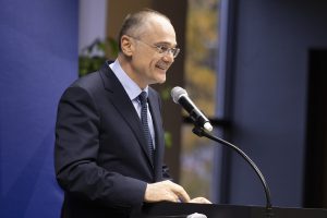 Dr. Pierluca Azzaro gives a talk on his new position as the Joseph Ratzinger Benedict XVI Chair on the Minneapolis Campus.