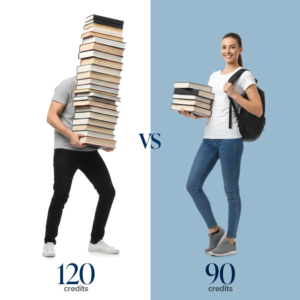 man juggling many books with woman carrying fewer.