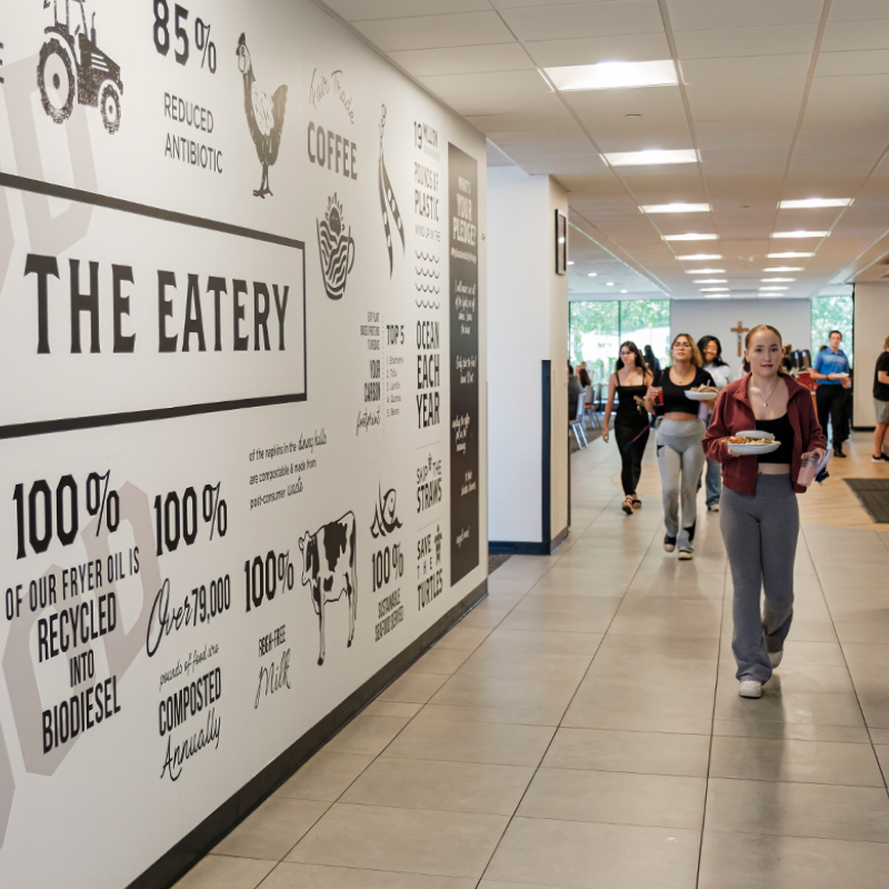 Students eating on campus at the Eatery