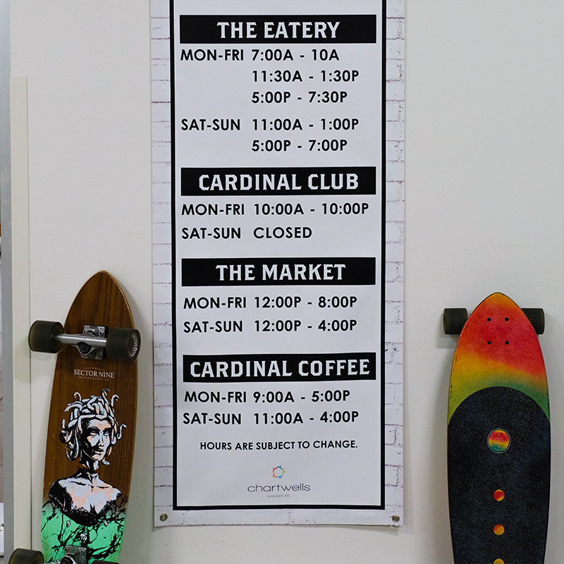 Skateboards leaning against wall that has a sign of hours of the market.