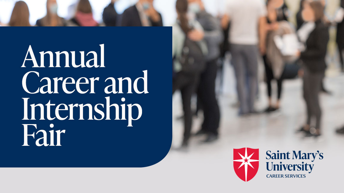 "Annual Career and Internship Fair" text with a photo out of focus showing of a group of people connecting in a room together.