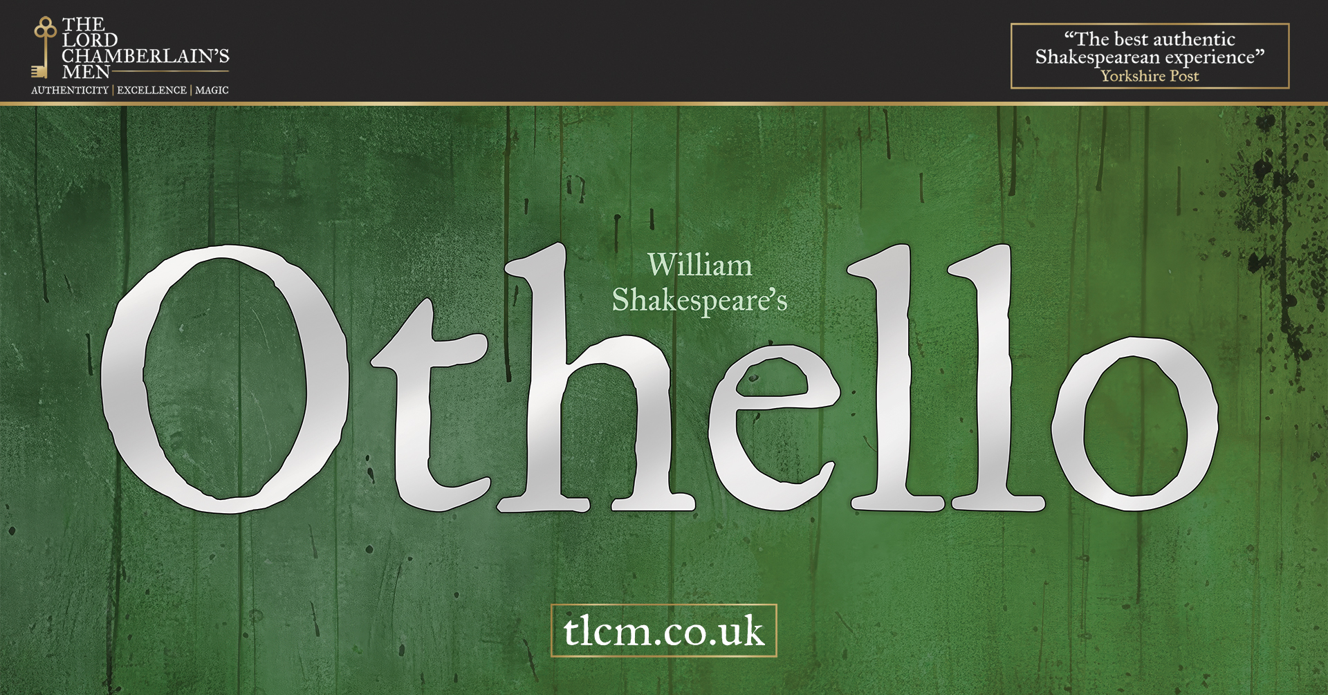 Green background with text "William Shakespeare's Othello" and "The Lord Chamberlain's Men" in the upper left corner. Website for more information is listed at tlcm.co.uk