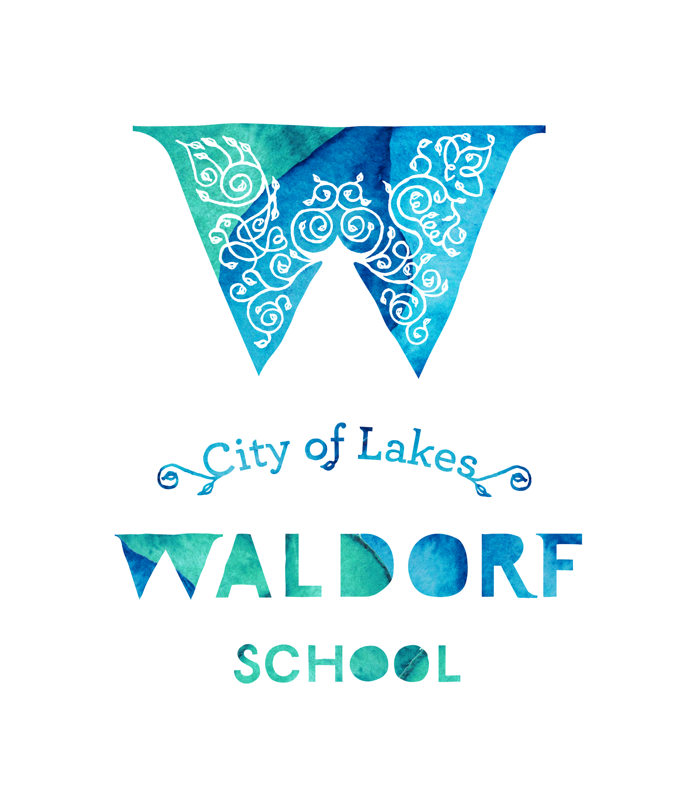 Logo for City of Lakes Waldorf School featuring a large watercolor letter W decorated with white floral patterns above the school name.